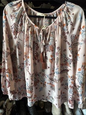 Mystree Cream Floral Peasant Tunic with Tassel Detail